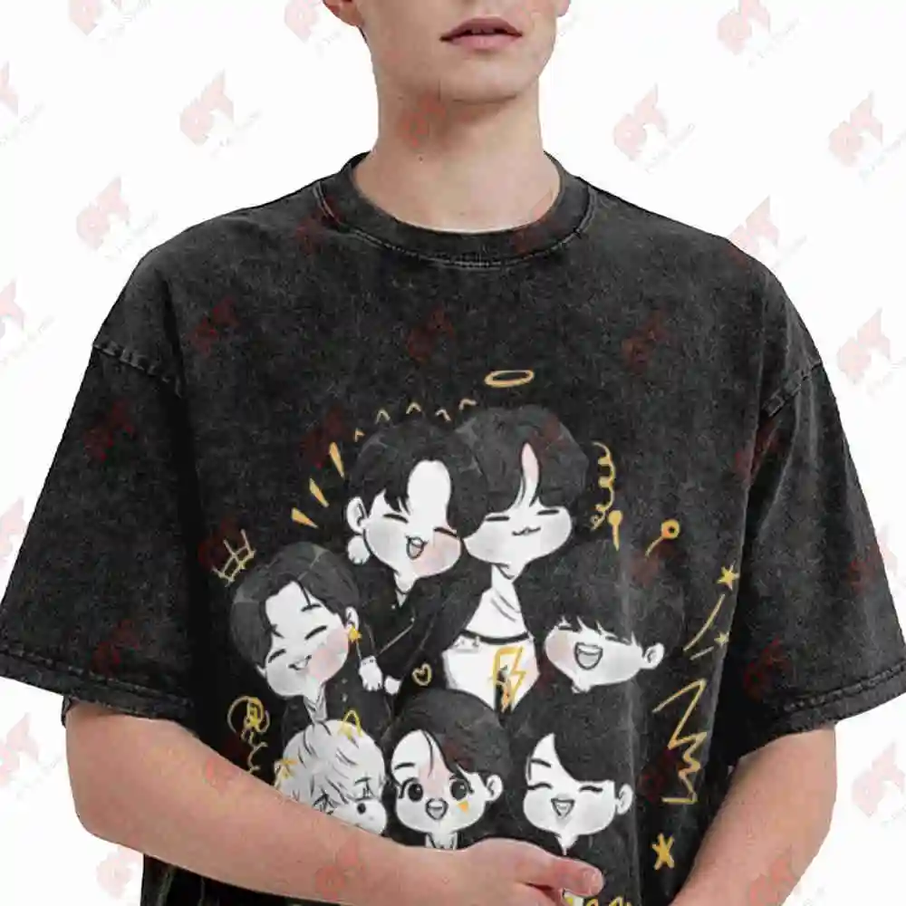 Kpop Group Chibi 6 Member Band Korean Text Vintage Washed Tee Pure Cotton T-Shirt