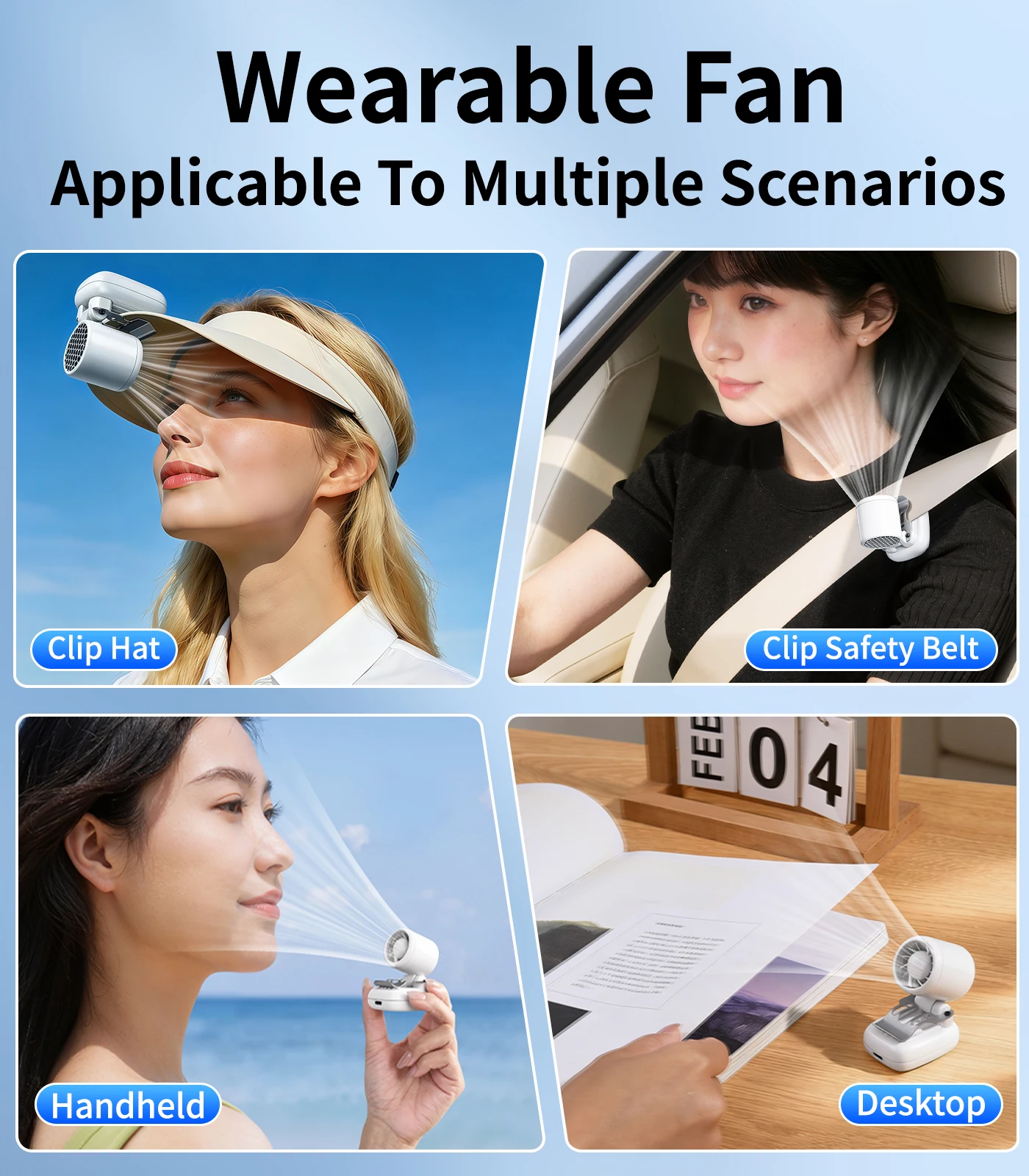 Eary 1200mAh Car Clip Fan USB Rechargeable Seat Belt Cooling Fan 3 Speed 90°Adjustable Portable Mini Travel Auto Cooler for Kids