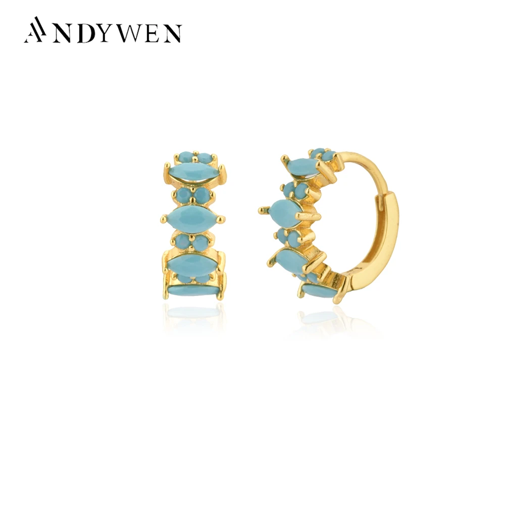 ANDYWEN 925 Sterling Silver Gold Turquoise Black Huggies Women Fashion Crystal Luxury Crystal Piercing Hoops Women Fashion Jewel