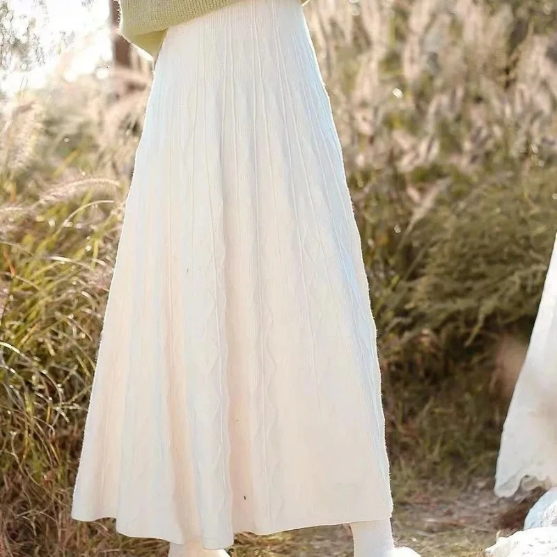 Nueva Falda larga coreana De cintura alta para Mujer, Faldas De Mujer De Moda Vintage, corte en A, Jupe tejido Saia, Faldas tipo túnica De Color sólido