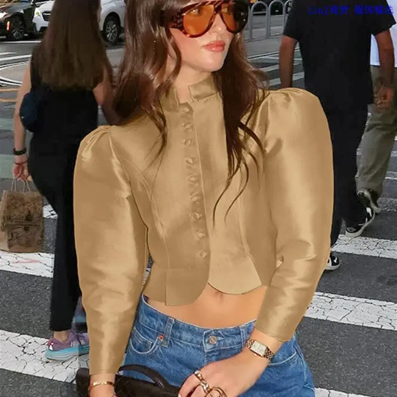 

Весенний элегантный ретро-блейзер для женщин: модный пиджак с воротником-стойкой, атласными пуговицами-лягушками, кремовый, приталенный, с длинными рукавами, шелковистое пальто