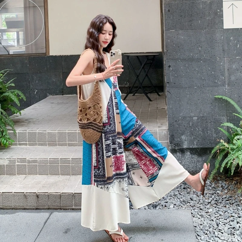 

Women Summer Bohemian Print Sleeveless Jumpsuit Ethnic Style Casual Overall with Wide Leg Straps Fashion Romper