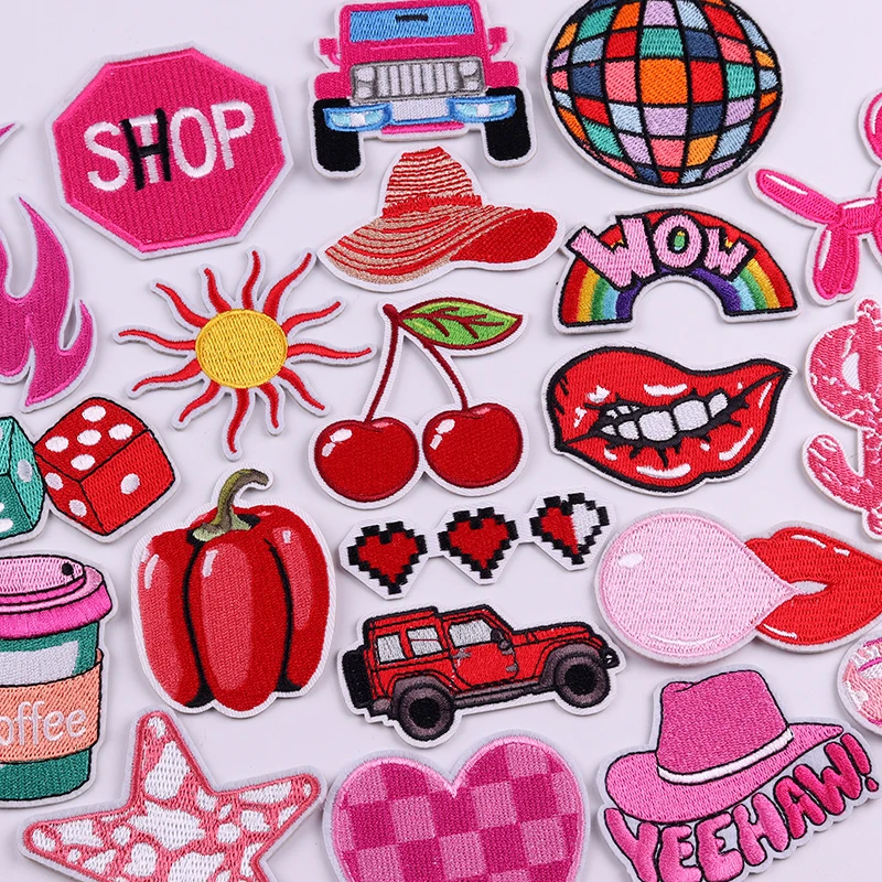 Cherry Heart Lips Car Embroidery Patch Cartoon Iron On Patches For Clothing Thermoadhesive Patches On Clothes Sticker Sewing DIY