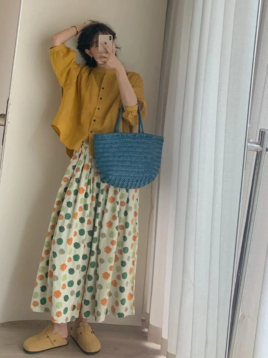 

Yellow Linen Shirt And Skirt Set for Women Fashionable And Stylish Two-Piece Suit Cotton Material Sleeve Length