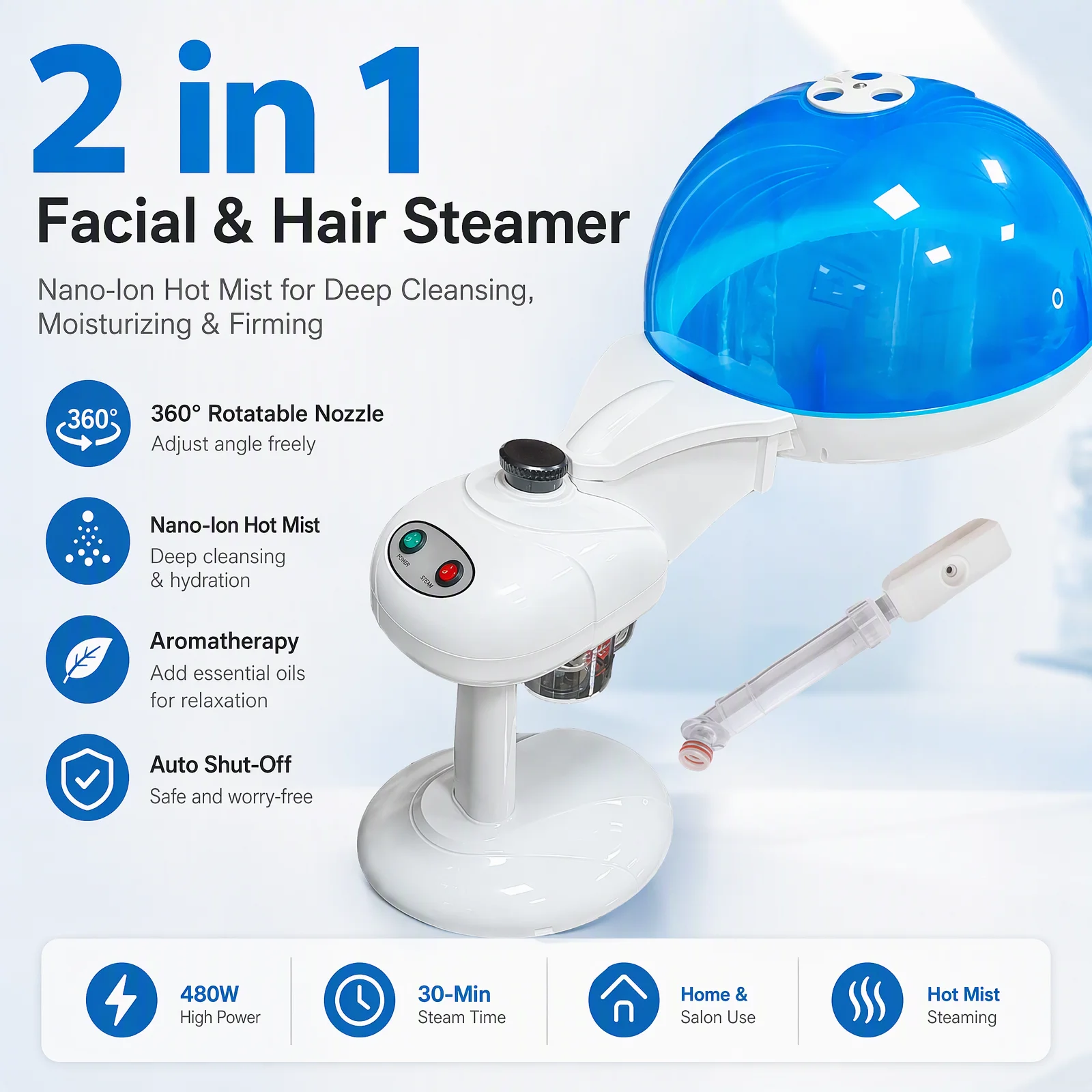 2 in 1 Facial & Hair Steamer, Nano-Ion Hot Mist Steamer with 360° Rotatable Nozzle, Aromatherapy Face Steamer for Deep Cleansing, Moisturizing & Firming, Auto Shut-Off, 480W, 30-Min Steam, Home & Salon Use