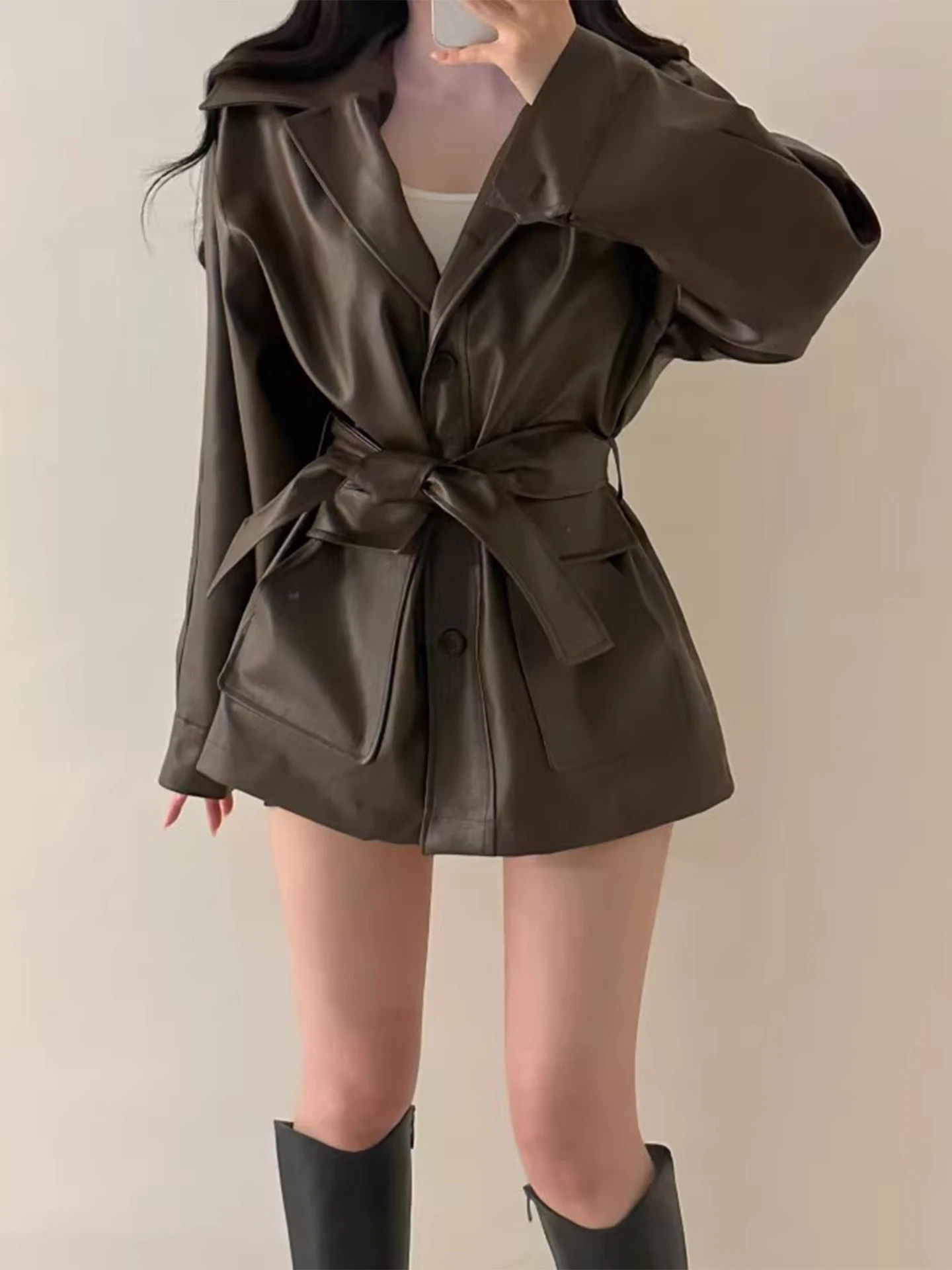 Premium PU Leather Biker Jaet Women's Autumn 2025 New Sle Waist-Cinching ket Belted Slimming Top Commute Sle
