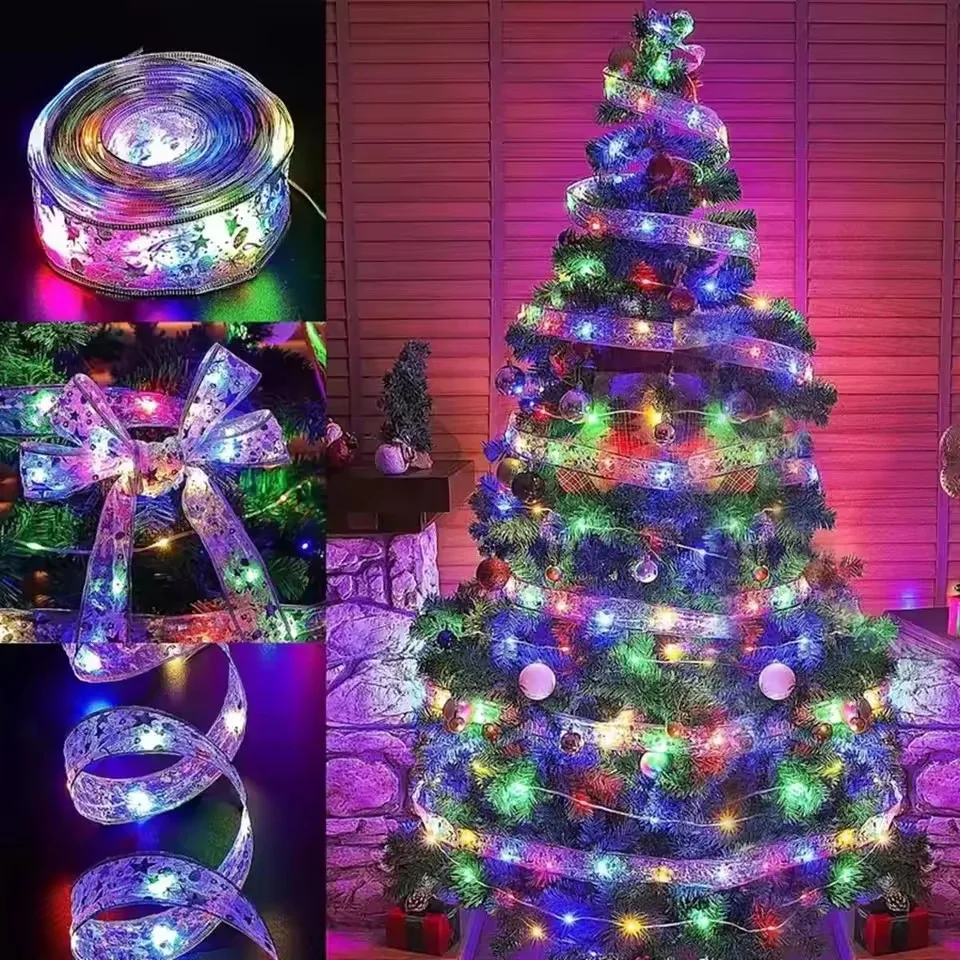 1-10M Christmas Ribbon Fairy Light Decoration For Home 2025 DIY Bows String Light Tree Ornaments Xmas Decor New Year 2026