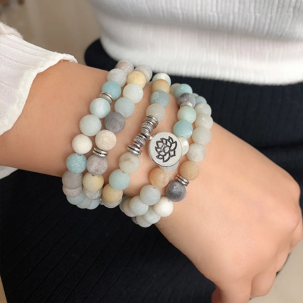 108 Mala Beads Bracelets Women Men 8mm Amazonite Buddha Lotus Charms Fashion Matte Grainy Natural Stone Jewelry