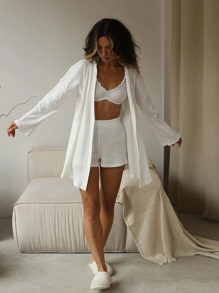 Marthaqiqi بيجامة نسائية غير رسمية 3 قطعة بدلة مثيرة بدون أكمام ثوب نوم بأكمام طويلة ورقبة على شكل حرف v ملابس نوم قصيرة ملابس منزلية للسيدات