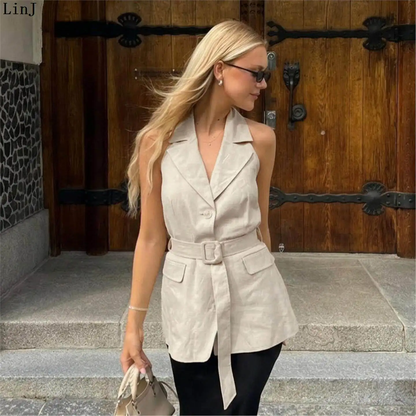 

Khaki Workwear Sleeveless Waist-Cinching Suit Collar Vest Women Versatile Slimming Top Casual Summer Fashion Set