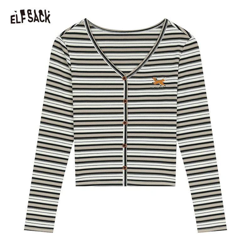 ELFSACK 2024 Autumn New Arrive Contrast color striped v-neck elastic slim fit long sleeve t-shirt for women