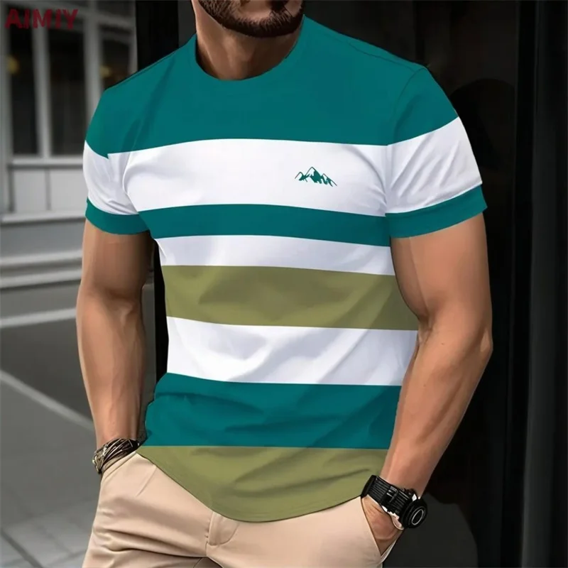 Summer Short Sleeve Match Color T Shirt For Men Fashion Round Neck Oversized Striped Tshirts Clothes Men's Outdoor Tee Shirt