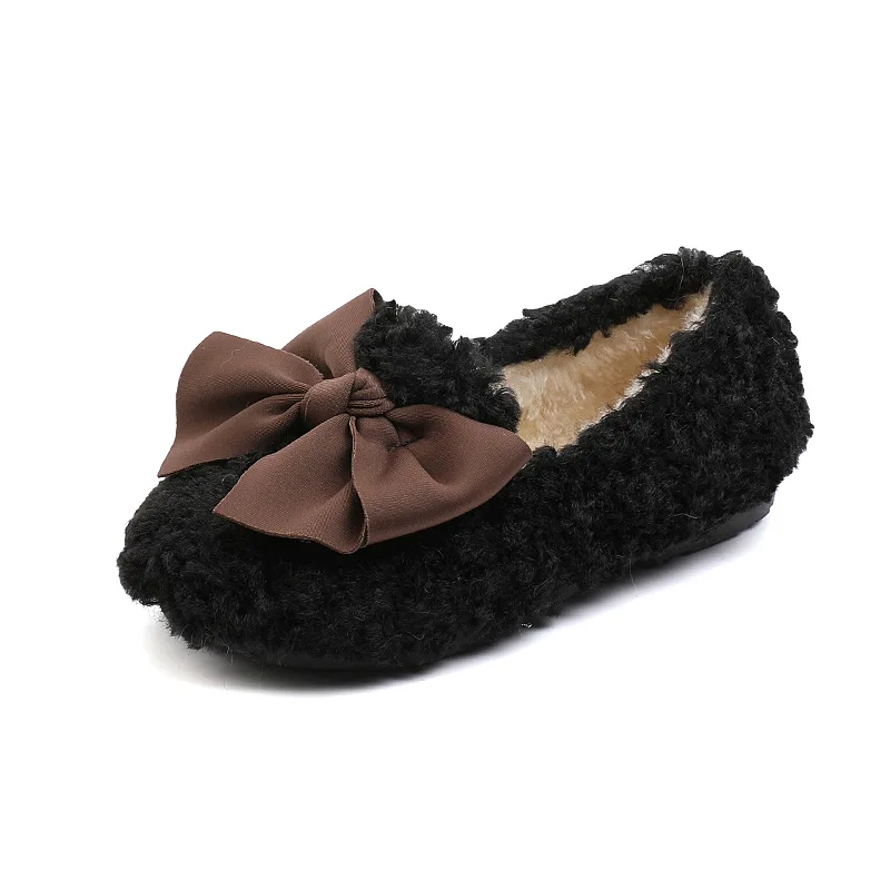 Girls Winter Shoes Cotton-padded Warm Cotton Fur Fluffy Children Flats Kids Loafers Slip-on Princess Sweet Anti-slippery Bowtie