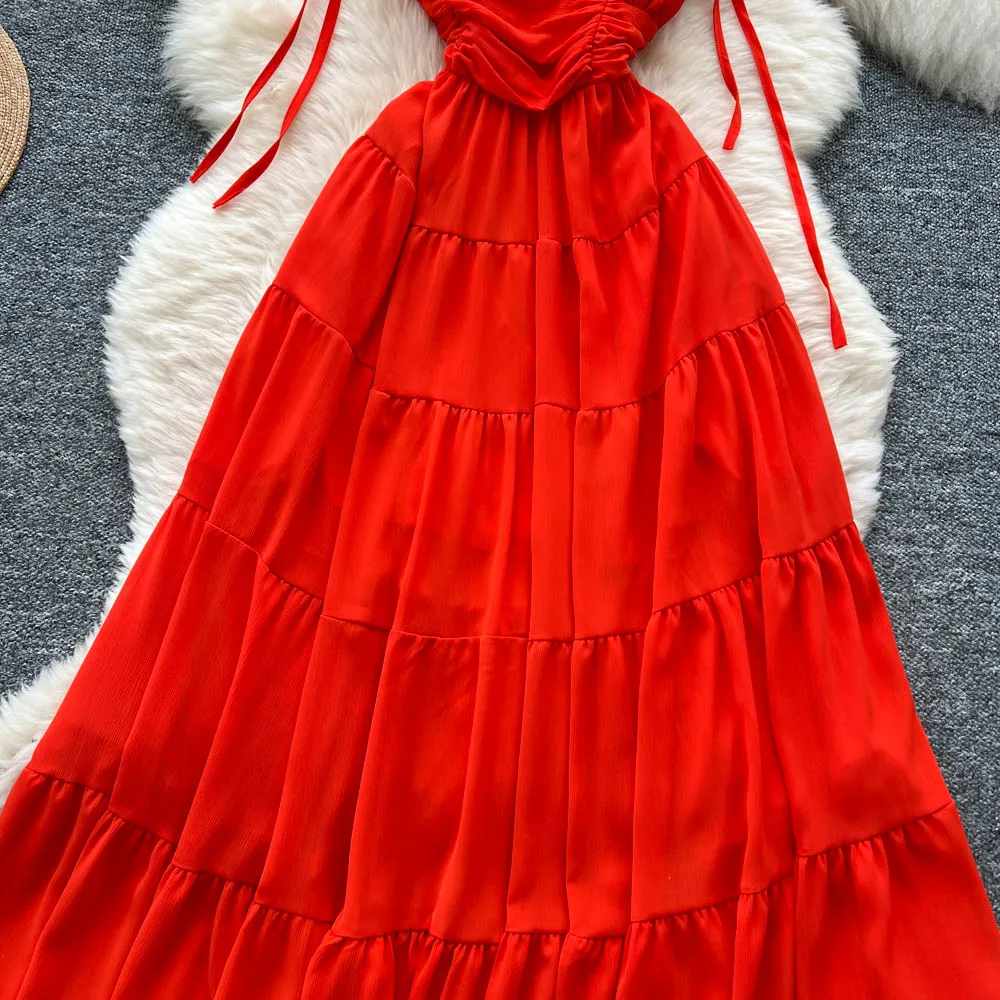 Chic vintage Ruched V-neck sleeveless Elegant Fairy korean fashion Boho Beach women clothing Long dress