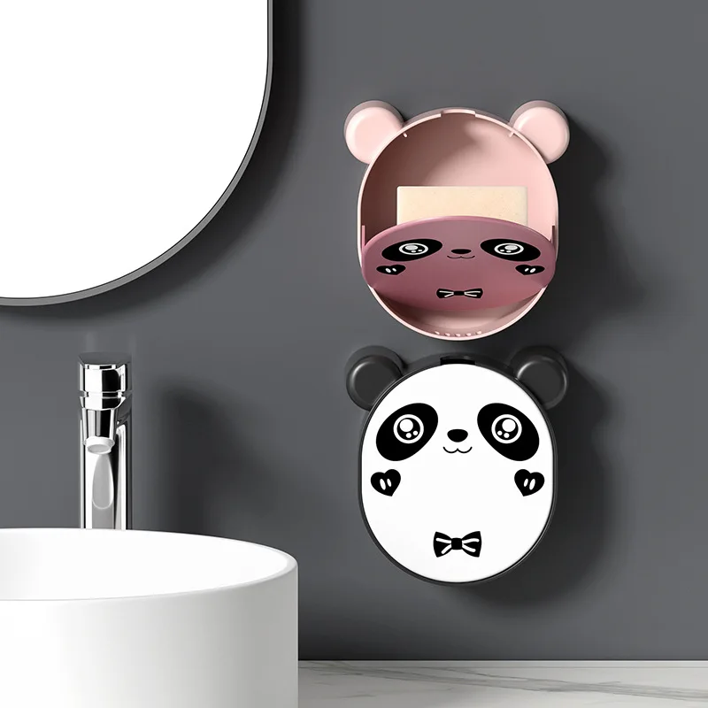 Cute Panda Soap Dish Holder Shower With Drain Wall Mounted Soap Box for Shower Bathroom Bathtub Kitchen Sink Dry Soap Racks