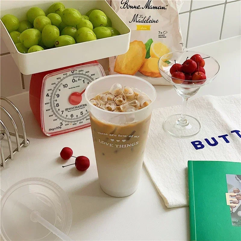 470/700ml Cute Korean Style PP Material Portable Water Bottle Coffee Juice Milk Tea Cup Plastic Cool Cup with Lid Straw Reusable