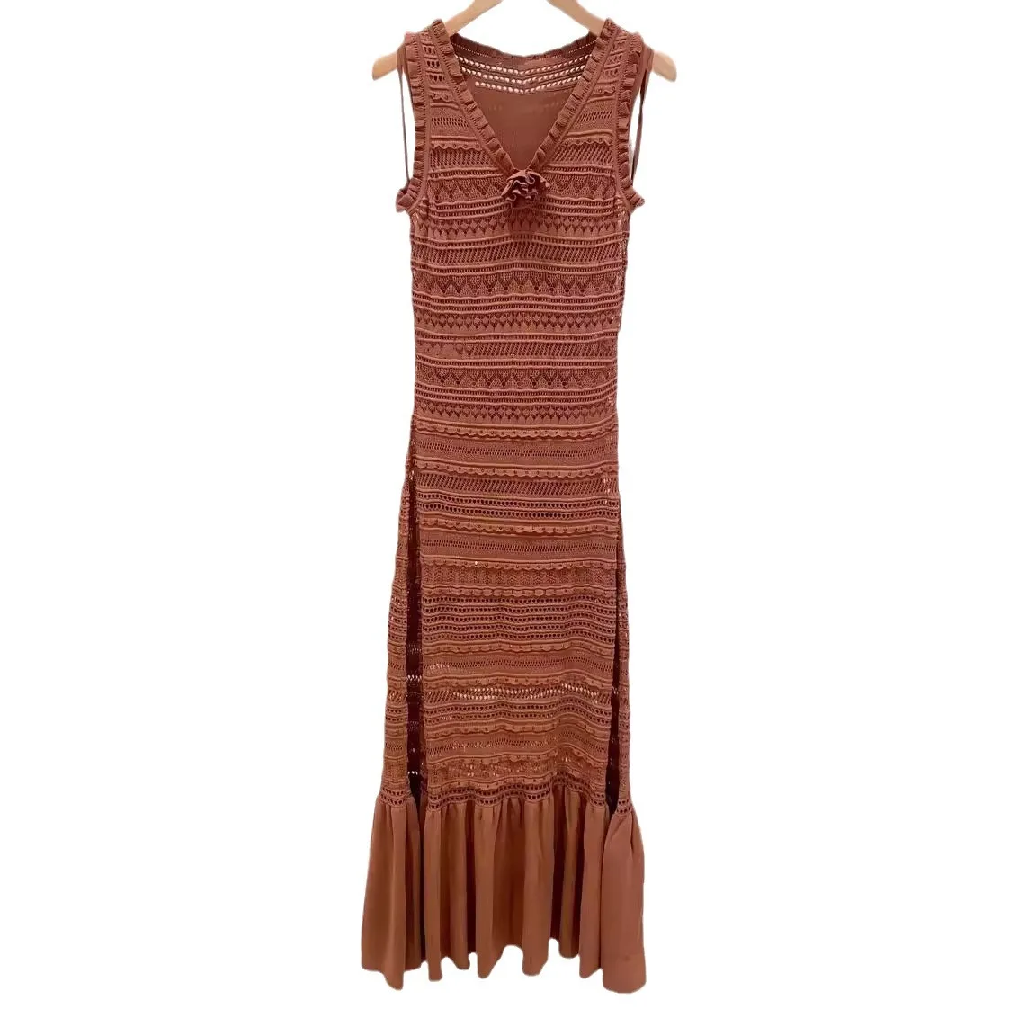 2024 summer women's knitted dress ruffle sleeveless backless sexy grand party maxi dress