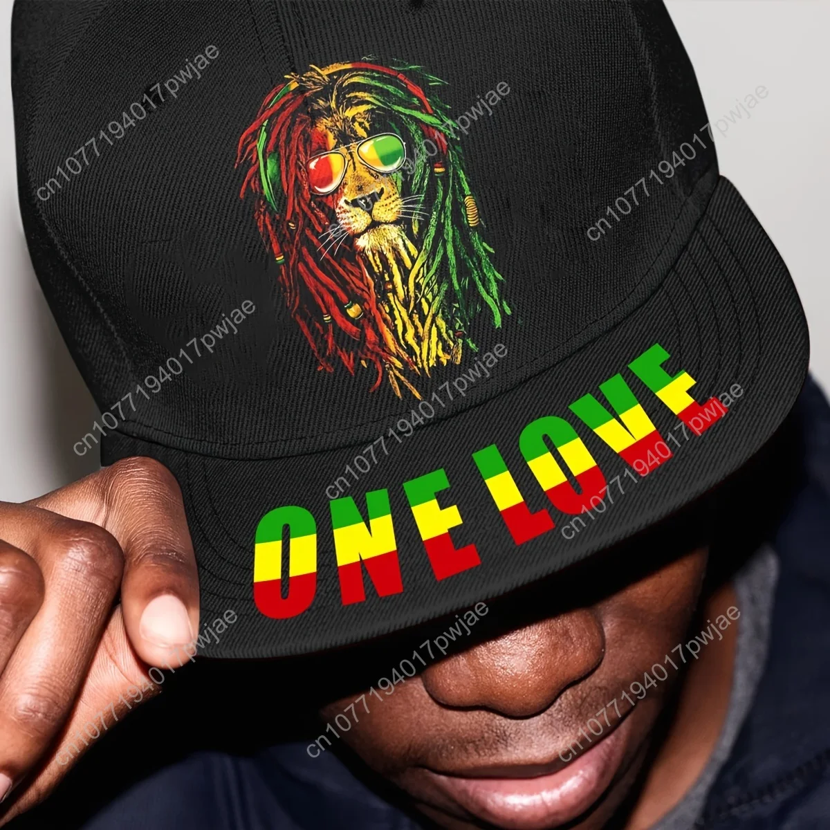 ONE LOVE " Reggae-Inspired Baseball Cap - Street Style, Sun Protection, 100% Polyester, Hand-Washable - Black with Colorful Lion