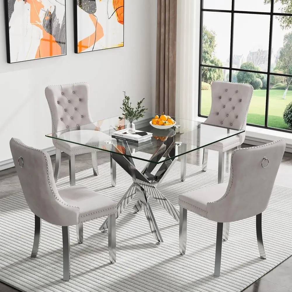 

4-5 Piece Glass Dining Set with 35 Square Table and Velvet Chairs, Silver & Beige
