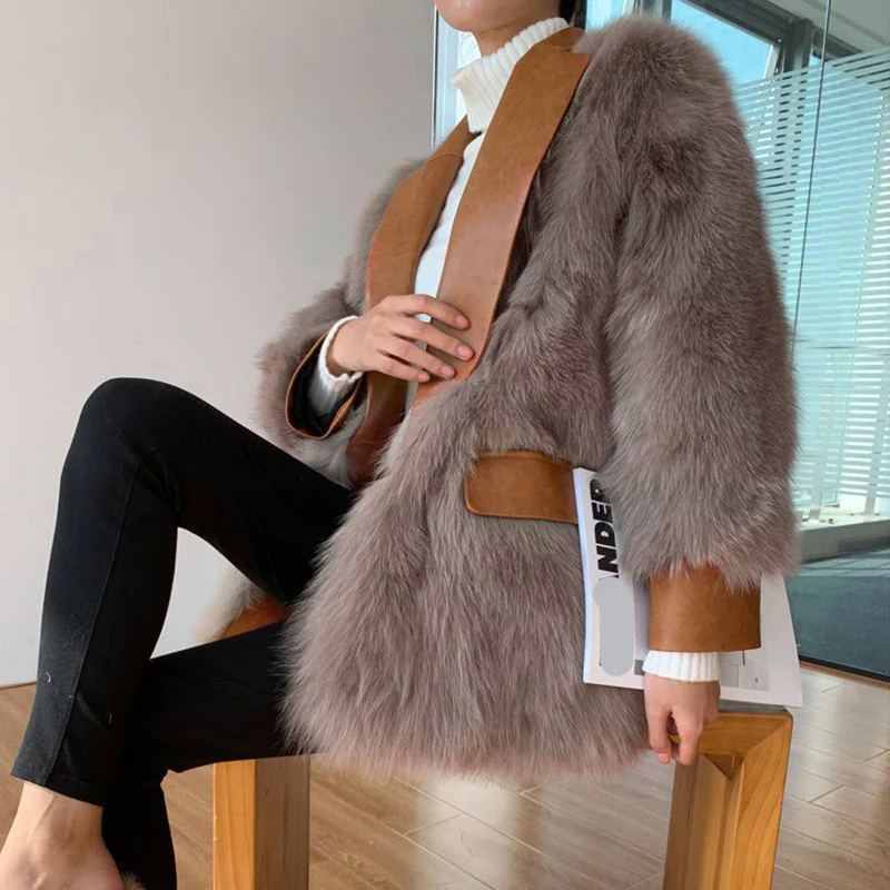 Vintage Vrouwen Winter Vos Bontjas Luxe Pu Lederen Pak Kraag Warm Faux Fur Jas Meisje Mode Streetwear Overjas