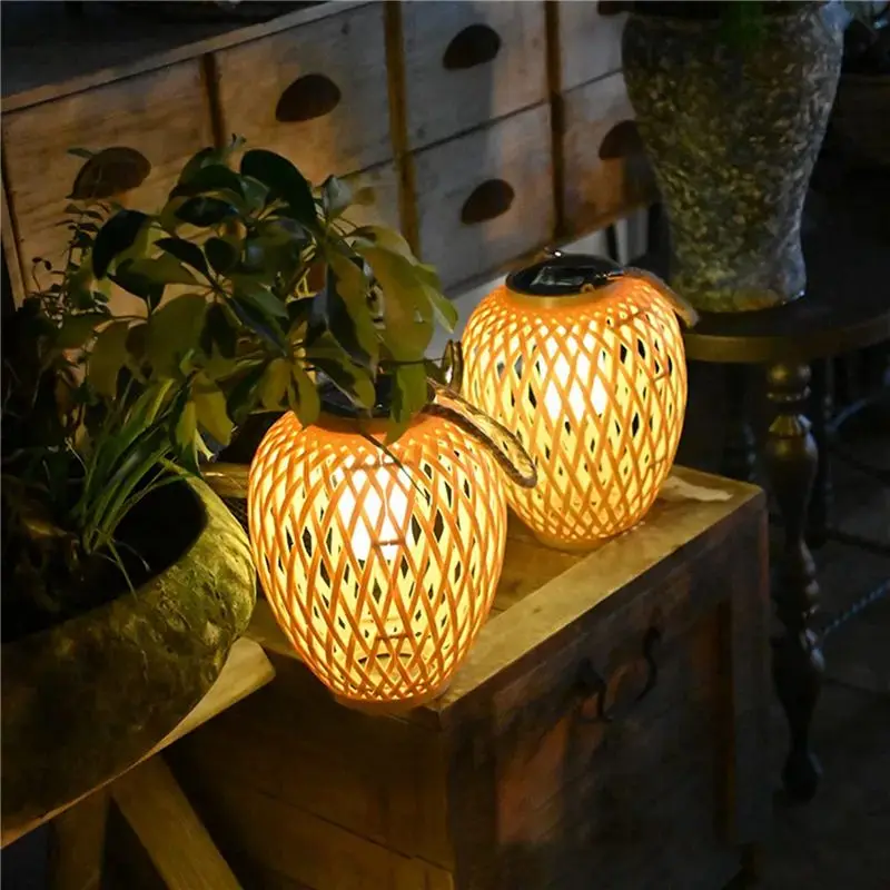 AA94-Outdoor Solar Imitation Rattan Lantern Courtyard Balcony Garden Decoration Candle Lights Atmosphere Bamboo Chandelier
