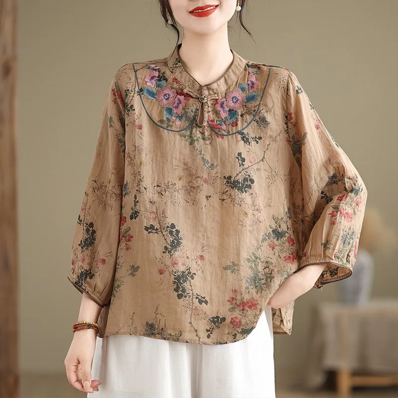 Women Long Sleeve Casual Blouses Shirts New Arrival 2024 Spring Chinese Style Vintage Floral Embroidery Loose Female Tops B3593