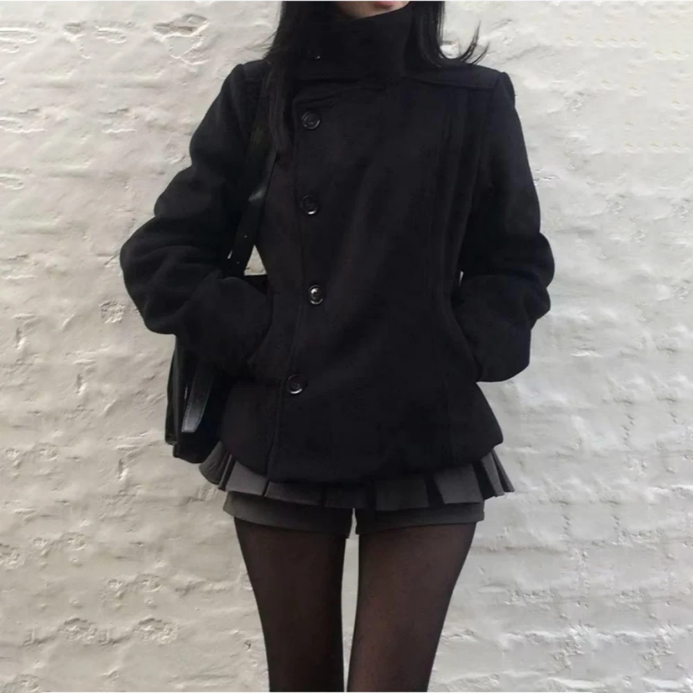 Elegant Autumn/Winter Coat Solid Color Women's Turtleneck Y2K Retro Harajuku Black Overcoat Slim Casual Warm Versatile Lady Top