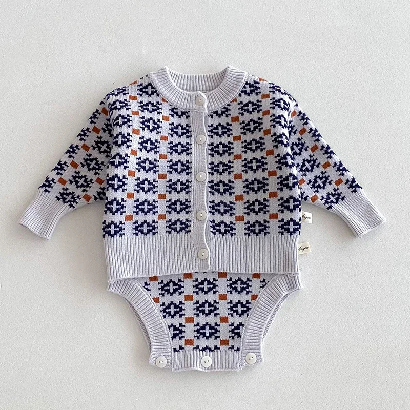 2024 New Autumn Infant Baby Girls Knitted Clothing Suit Long Sleeved Knitted Cardigan+Jumpsuit Children Knitted Clothes Set