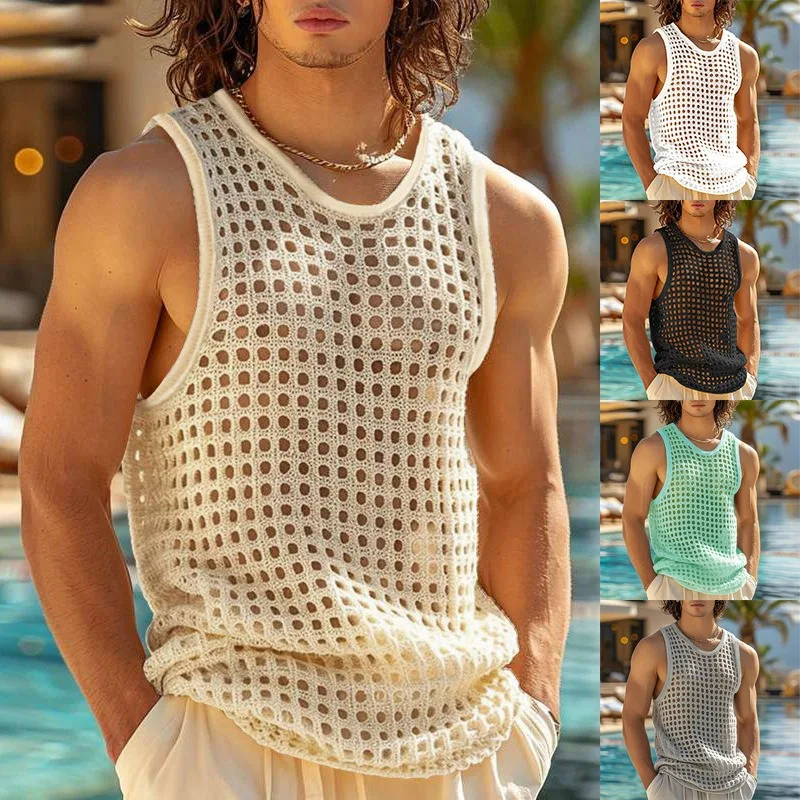 

New American Style Fashion Men Tops Popular Vacation Hollow Out Mesh Vests Sexy Casual Sleeveless Tank Tops S-2XL 2025 Summer