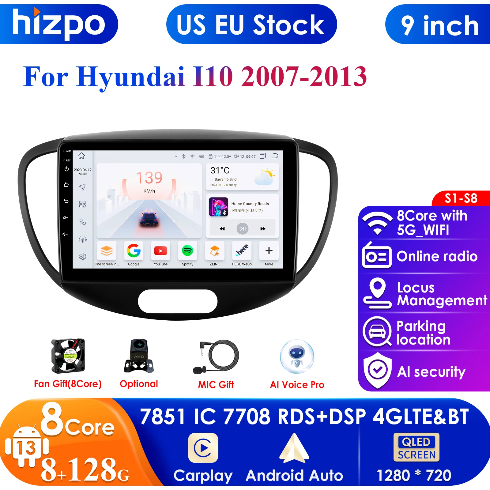 Android 13 2Din Car Radio for Hyundai I30 2007-2013 Multimedia Video Player Navigation Carplay Stereo Head Unit 9