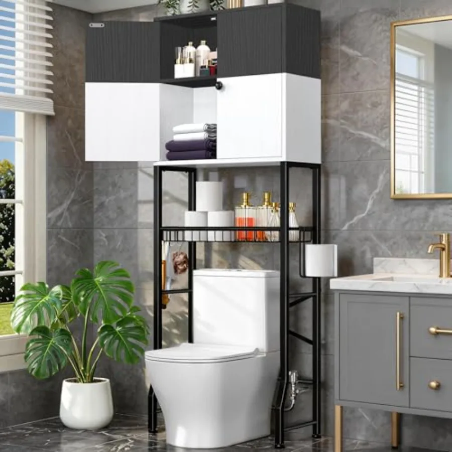 

Over-The-Toilet Storage Rack 4-Tier Bathroom Organizer Shelf with Barn Doors Cabinet and Basket Freestanding Space Saver with P