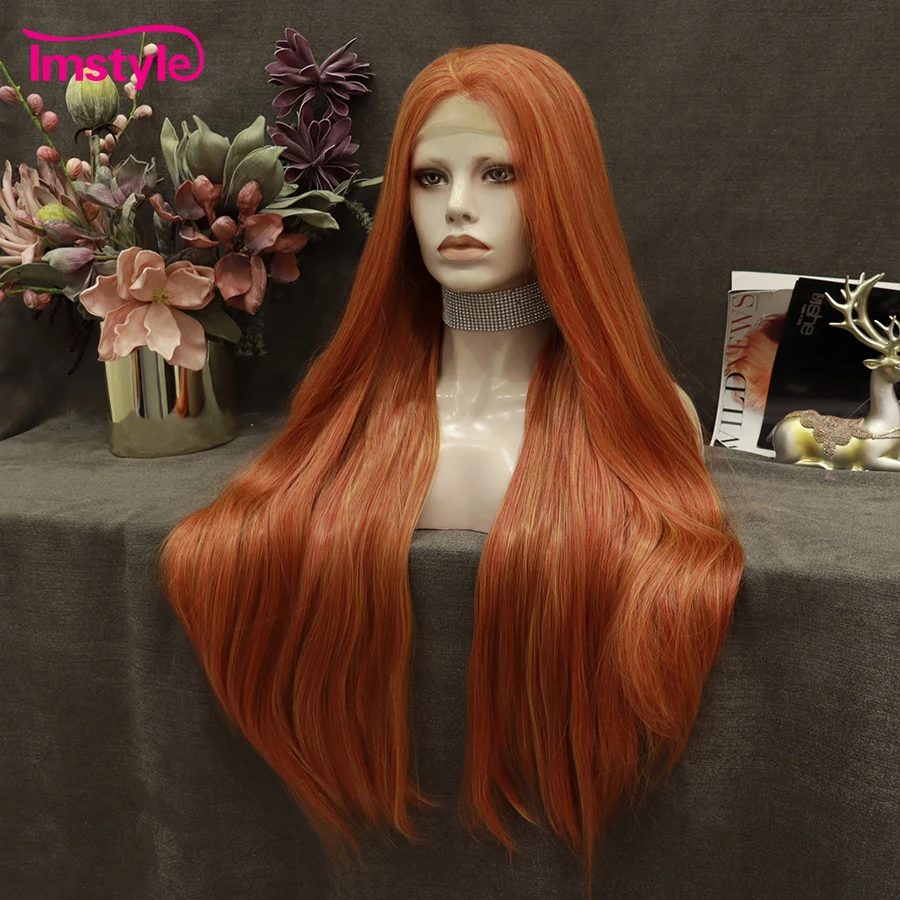 Imstyle Synthetic Lace Front Wig Long Lace Wig Ginger Orange Wig Mixed Color Straight Hair Heat Resistant Fiber Cosplay Wig