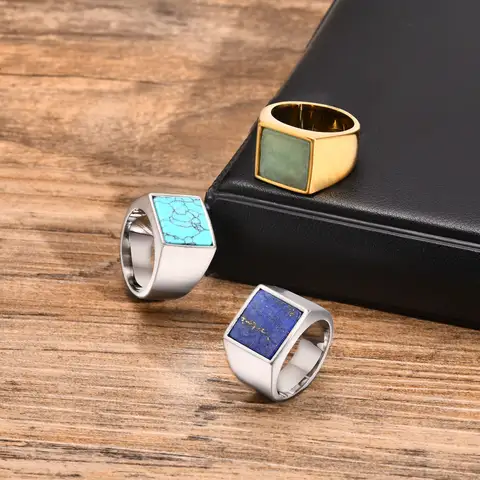 Blue Nature Stone Ring for Men Boys,Silver Color Stainless Steel Square Ring,Thumb Ring Male Jewelry Gifts