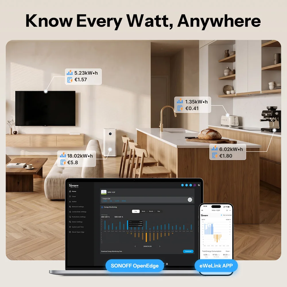 SONOFF MINI-1GSP MINI ONE PM Matter-Over-WiFi-Smart-Schalter, Überlastschutz 16A, Intelligente Energiemonitoring, Matter-Kompatibilität, Apple Home – Detail 4