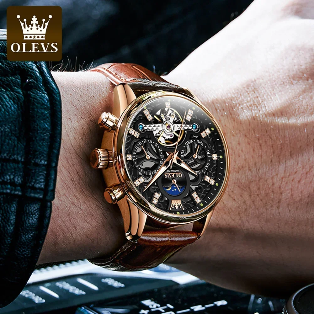 OLEVS New Automatic Mechanical Skeleton Watch for Men Moon Phase Dial Leather Strap Waterproof Luminous Wristwatch Reloj Hombre