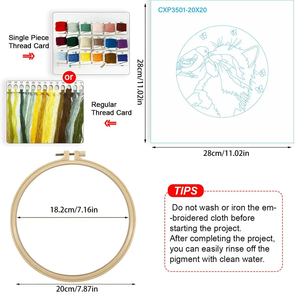 1 Stück 20X20CM/15X15CM 7,87/6,3 Zoll Katzen-Stickerei-Starter-Kit DIY-Kit DIY-Stickerei-Set Handarbeiten Heimdekoration Nadelkunst – Detail 4