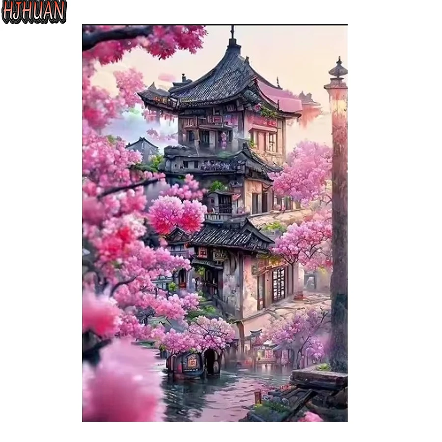 

DIY круглая дрель алмазная живопись Япония, вишня, башня вышивка крестиком 3D Алмазная художественная вышивка Алмазная мозаика Декор подарок