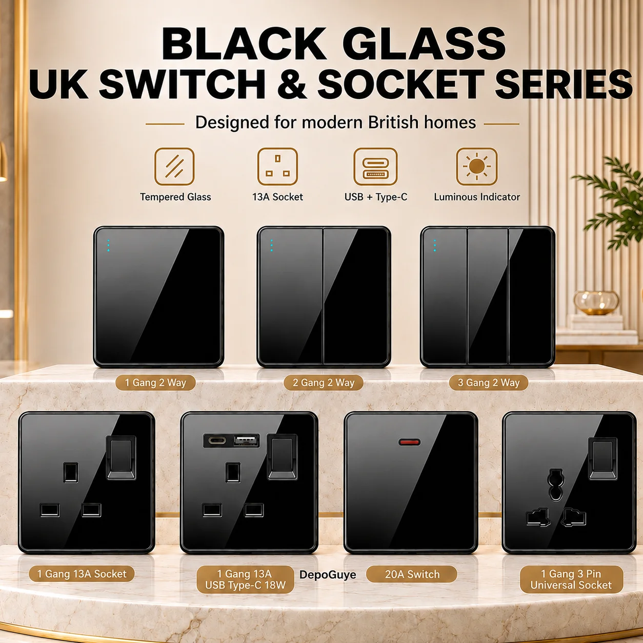 Luxury All Tempered Glass Wall Light Switch Button Black UK Plug 13A Wall Socket with Usb ,220V 1gang2way Speed Switch image 2