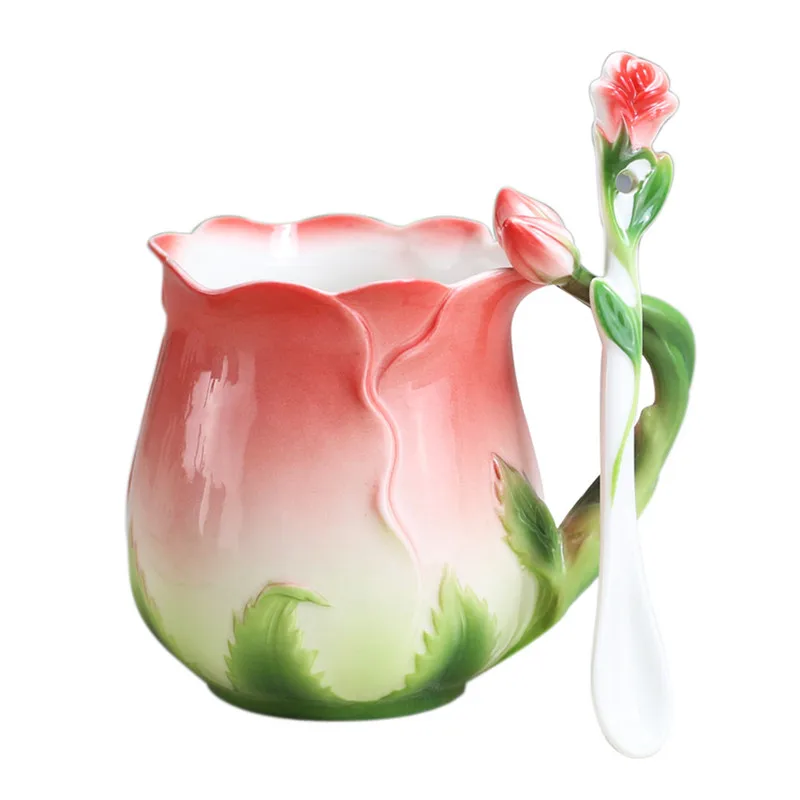 European Style Enamel Ceramic Coffee Mug Creative 3D Rose Flower Shape Lreative 4 Colors Household Breakfast Milk Cup with Spoon