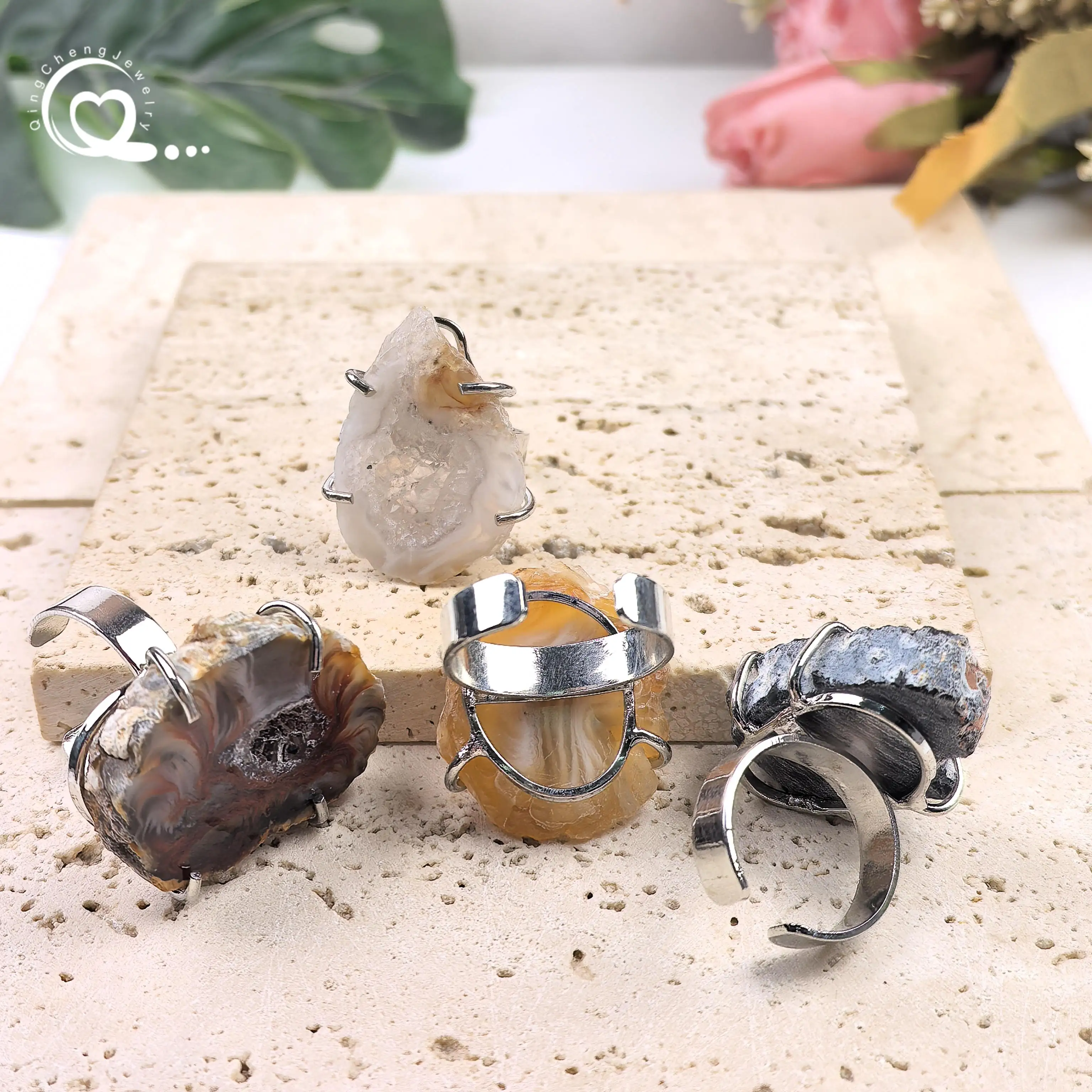 Natural Agate Geode Ring Healing Crystal Quartz Druzy Drusy Slice Slab Adjustable Ring Women Fashion Jewelry Dropshipping,QC4242