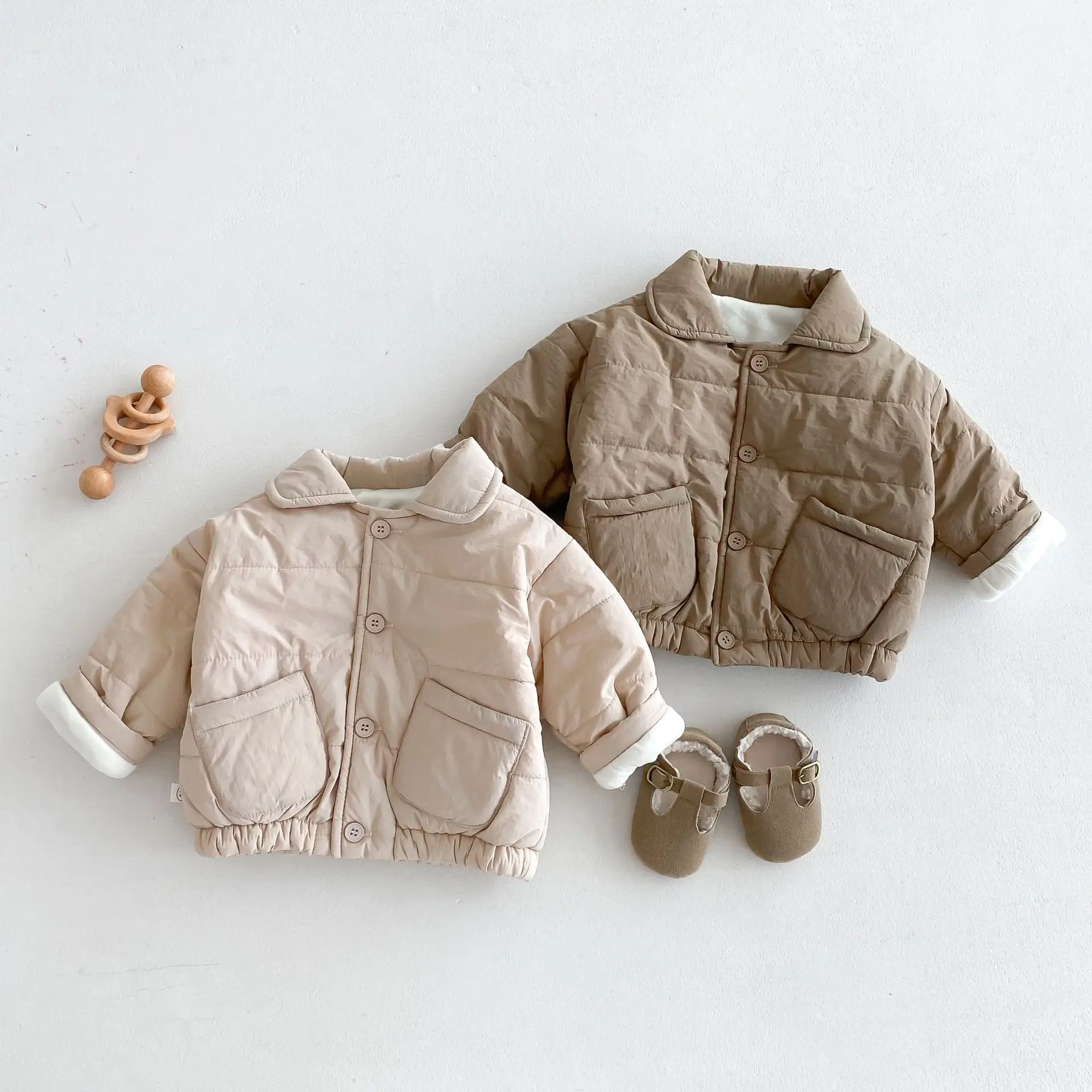 MILANCEL Baby Children's Winter Clothing Solid Color Cotton Jacket 0-5Y Girls Simple Pocket Outwear Boys Fur Lining Warm Coat