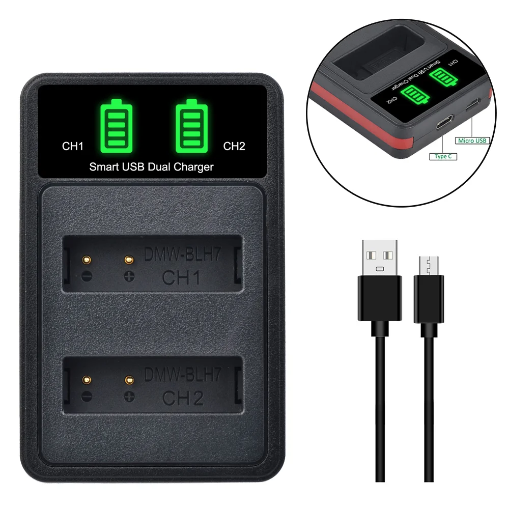 

DMW-BLH7 DMW-BLH7PP BLH7E LED Dual Charger with Type C Port for Panasonic DMC-GM5 DMC-GF7 DMC-GF8 GF9 LX10 LX15 Camera Battery