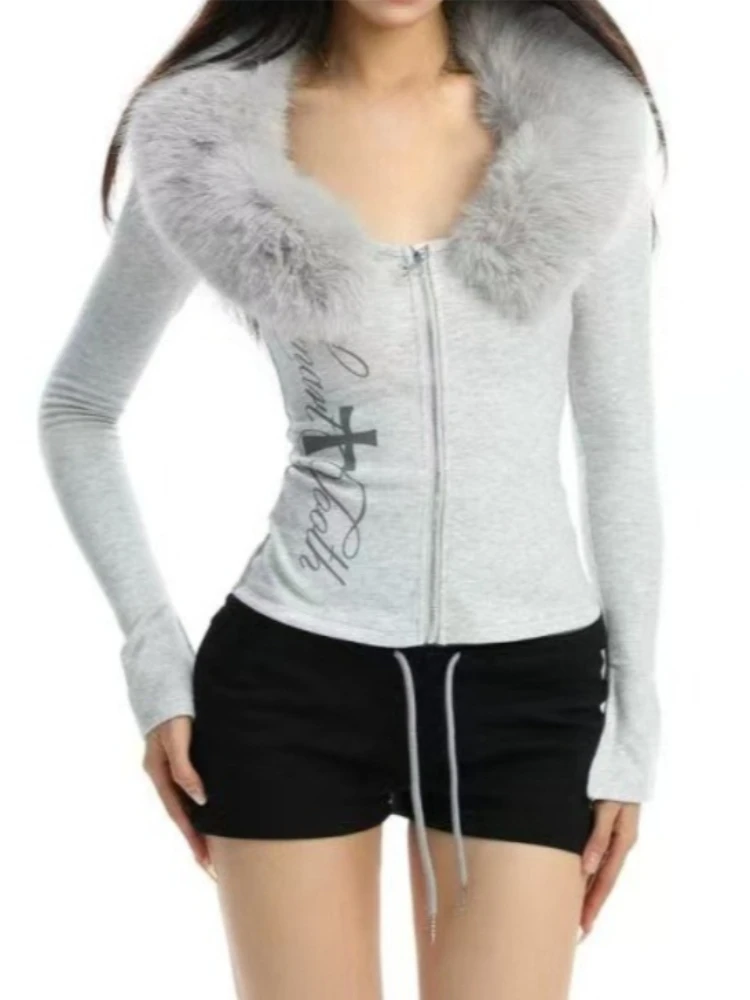 

Корейский модный дизайн для девочек, съемные топы с меховым воротником, лоскутная футболка с длинными рукавами, женский осенний облегающий кардиган на молнии, топ