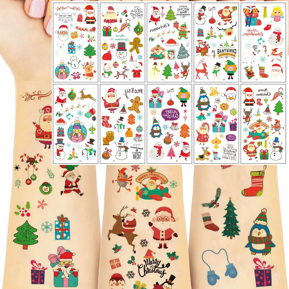 

10 шт. детские мультяшные рождественские временные татуировки наклейки Санта-Клаус Снеговик Рождественская елка узор наклейки для детей