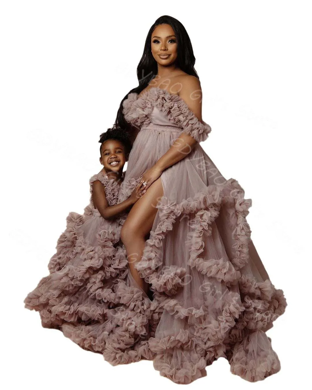 

Puffy Tiered Tulle Maternity Bathrobe Off Shoulder Mother and Daughter Dress Customized Slit Prom Evening Gowns Photography