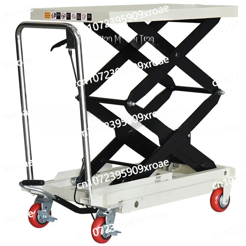 

hand pushing small lift Manual hydraulic lifting platform car, scissor workbench, flat moving trolley
