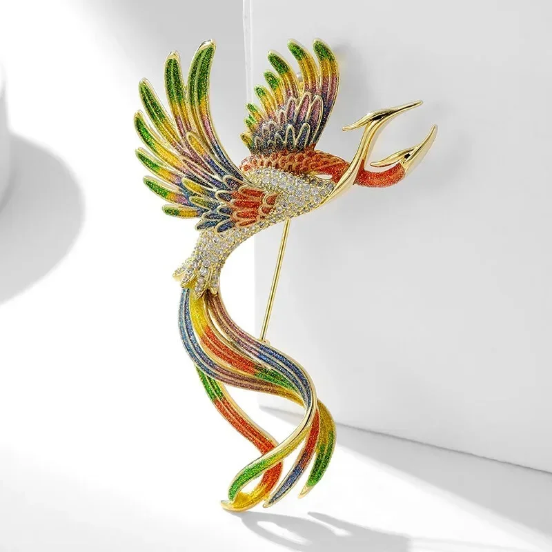 Colorful Rhinestone Phoenix Brooch Women Men Clothing Accessories Enamel Animal Brooch Bird Design Pin Jewelry Gift