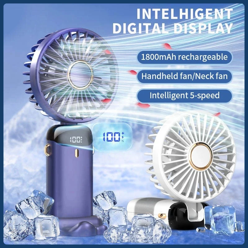 Handheld Mini Fan Foldable Portable Neck Hanging Fans 5 Speed USB Rechargeable Fan with Phone Stand and Display Screen 1800mAh