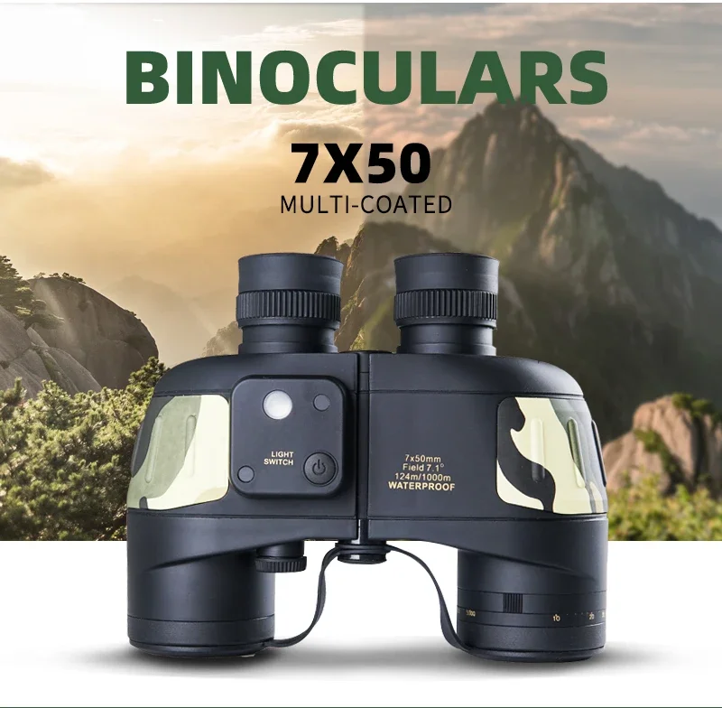 Professional waterproof 7X50 long range hunting binoculars with compass rangefinder telescope