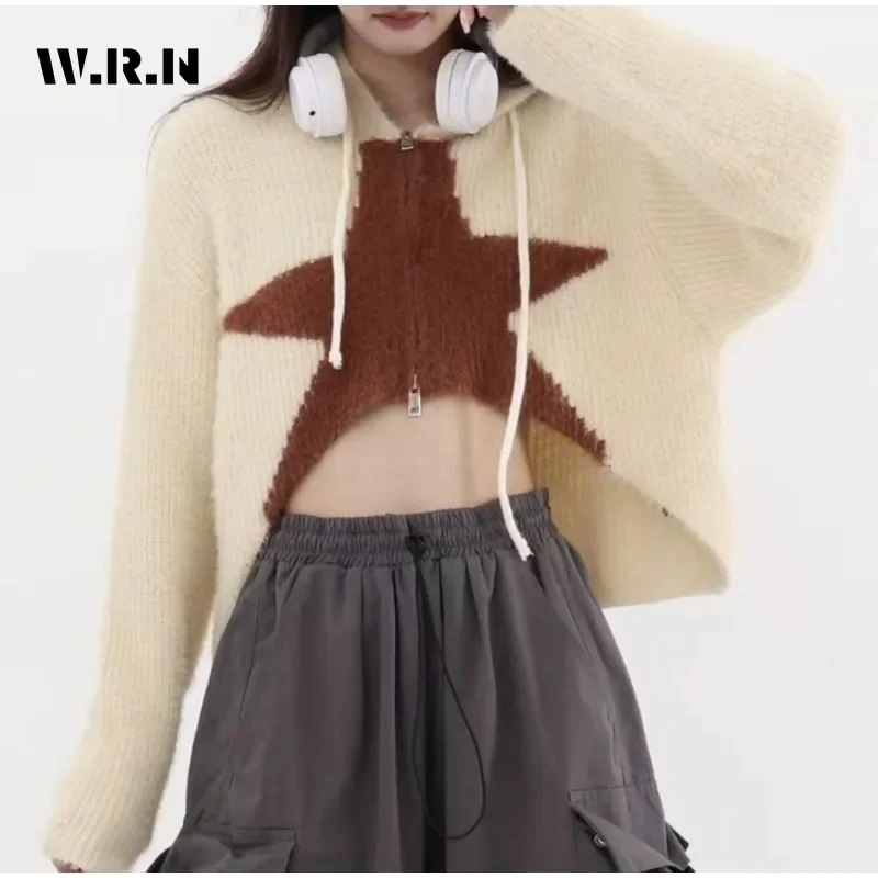 2023 Winter Hotsweet Contrast Color Knitting Long Sleeve Cardigans Women Casual Hooded Zipper Ladies Sexy Short Sweater Top